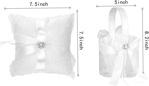 TRUE LOVE GIFT Ring Bearer Pillow and Wedding Flower Girl Basket Set Pearl Rhinestones White Satin Lace Collection...