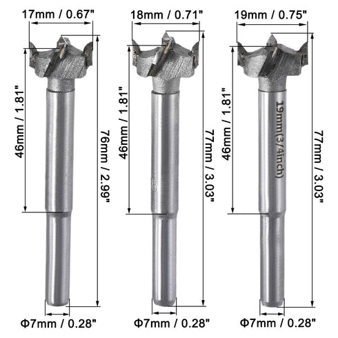 uxcell Forstner Wood Boring Drill Bits 17mm 18mm 19mm Dia. Hole Saw Carbide Alloy Steel Tip Round Shank Cutting for Hinge Plywood Wood Tool 3in1 S...