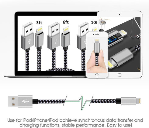 IDISON [MFi Certified iPhone Charger, 5Pack(3/3/6/6/10FT) iPhone Charging Cable Nylon Braided Fast Charging Cord Compatible for iPhones/Pad-BlackG...