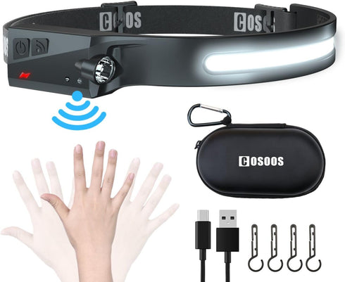 COSOOS LED Headlamp Rechargeable Flashlight & Carry Case, Bright Head Lamp Floodlight & Spot Light, Motion Sensor,2.4oz Lightweight Headlight for ...