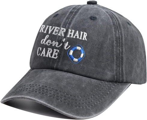 Embroidered River Hair Don’t Care Hat, Vintage Wash Cotton Adjustable Denim Baseball Cap...