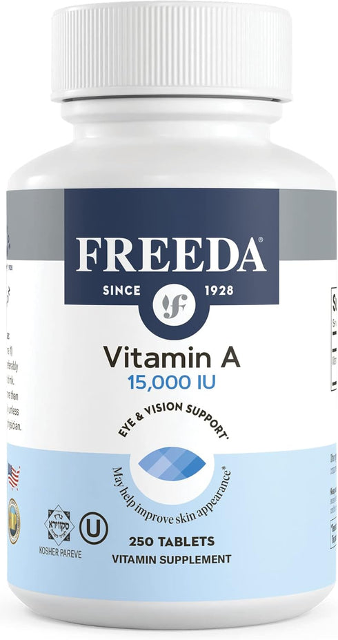 Freeda Vitamin A 15,000 IU – Retinyl Palmitate – Vegan, Kosher, No Fish – Eye, Vision, Immune & Skin Support – Tiny Easy-to-Swallow Tablets – VIT ...