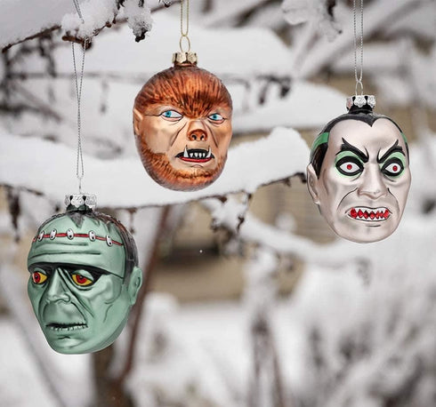 Archie McPhee Set of 3 Monsters Blown Glass Christmas Ornaments! - Dracula, Werewolf Frankenstein, Skeleton Color...
