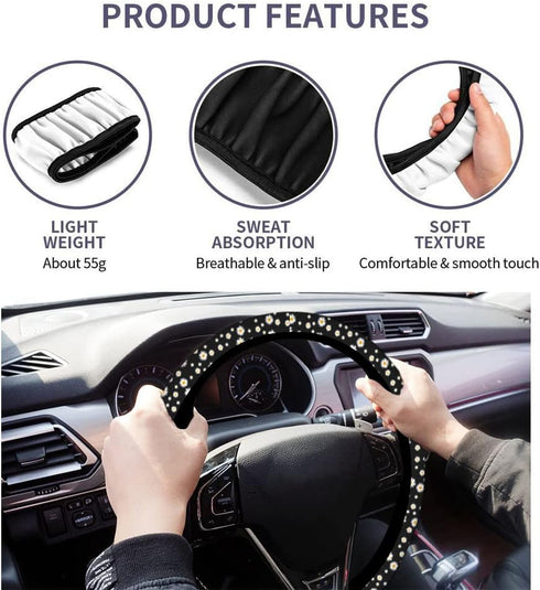 Swono Daisy Floral Car Steering Wheel Cover Cute Daisy Flower Pattern Safe Driving Anti-Slip Steering Wheel Covers Steering Wheel Protection No Sm...
