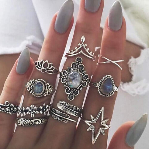 11 Pcs Bohemian Stackable Joint Knuckle Ring Set Carved Flower Star Leaf Gemstone Midi Ring Vintage Finger Rings for Women...