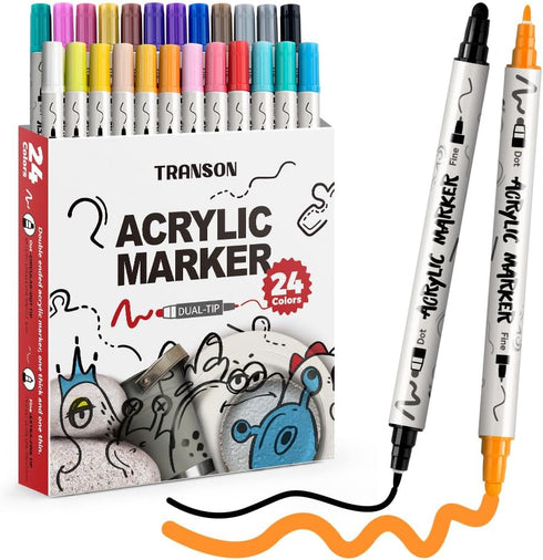 TRANSON 24 Color Bold and Fine Dual-tip Acrylic Paint Pen Set for Canvas Rock Wood Leather Ceramic DIY Painting...