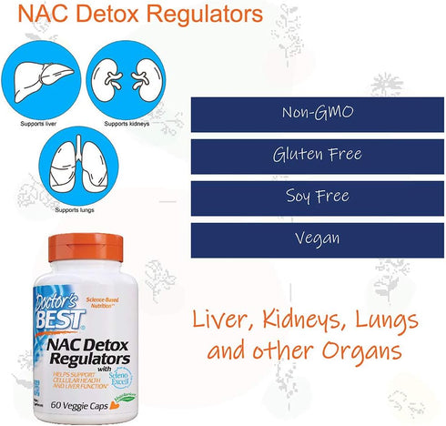 Doctor's Best NAC Detox Regulators with Seleno Excell, Non-GMO, Vegetarian, Gluten Free, Soy Free, 60 Veggie Caps...