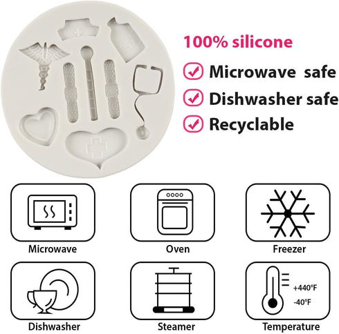 Nurse Theme Fondant Mold Nurse Hat Stethoscope Pill Bottle Bandage Thermometer Medical Silicone Molds for Cake Decoration Cupcake Topper Candy Cho...
