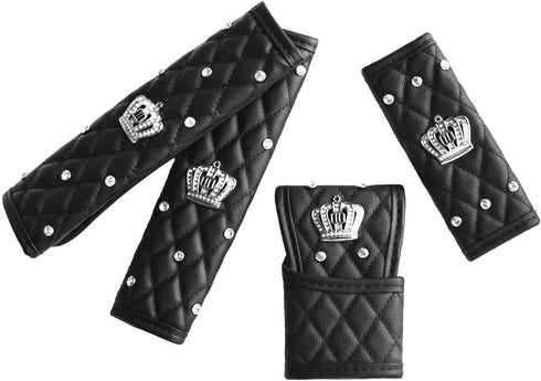 Queen Seat Safety Belt Pads - Leather Crystal Handbrake Cover - Bling Tiara Gear Crown Shift Stick Protector, for Girls Women or Ladies(4Pcs)...