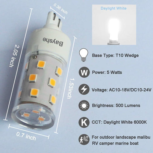 T10 Wedge Base LED Light Bulb 5watt(6000K Daylight White) Equivalent to 50W Halogen 12VAC/DC for Camper RV Tailer Outdoor Landscape Patio Path Dri...