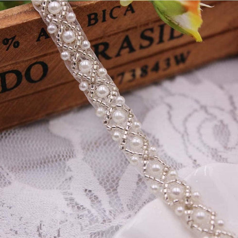 FQTANJU 2 Yards 1cm Pearl Beaded Trim Bridal Lace Ribbon Trimming Edge Straps for Wedding Dress Sewing Crystal Rhinestone Applique Craft DIY Decor...