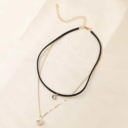 Layered Crystal Leather Choker Necklace Gold Pearl Pendant Necklace Boho Suede Collar Necklace Punk Black Chain Necklace Jewelry for Women...