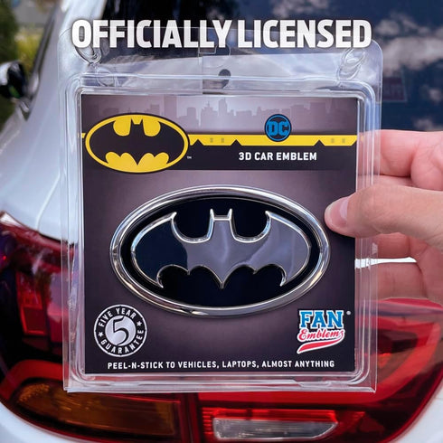 Fan Emblems Batman Car Emblem - 1989 Oval Bat Symbol 3D Auto Badge - Color: Black and Chrome - Size: 3.76 x 2.26 x 0.2 inches - Officially License...