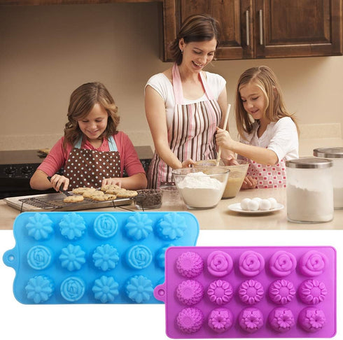 4 PACK Flower Shape Chocolate Candy Molds Set,DanziX Silicone 15 Cavity Baking Mold Ice Cube Tray for Wedding,Festival,Parties and DIY Crafts-Gree...