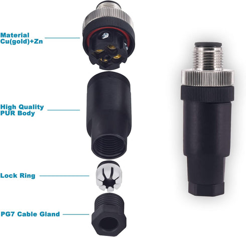Aviation Connector Plugs,Lonlonty Ethernet M12 Connector Field Wireable IP67 Waterproof Straight 4 Pin A Code Unshield Male Plug for Cable AC 250V...