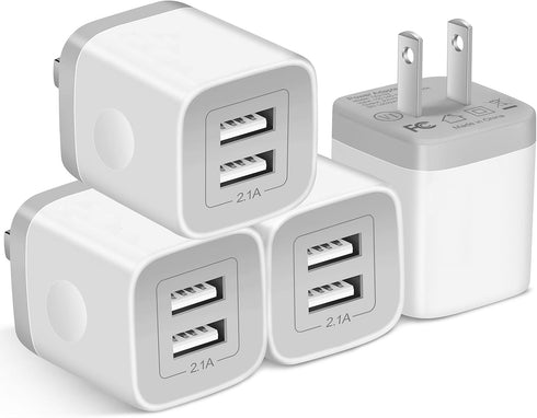 X-EDITION USB Wall Charger, 4-Pack 2.1A Dual Port USB Cube Power Adapter Charger Plug Charging Blocks Brick for iPhone 16e/16/15/14/13/12/11/XS/X/...