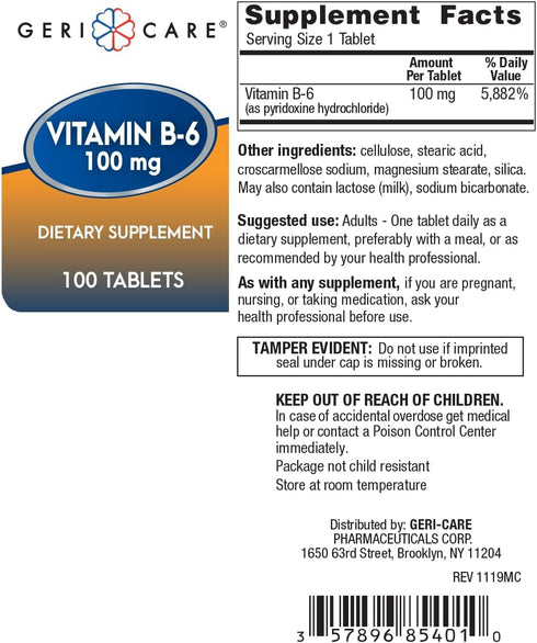 Gericare Vitamin B-6 100 mg Tablets 100 ct...
