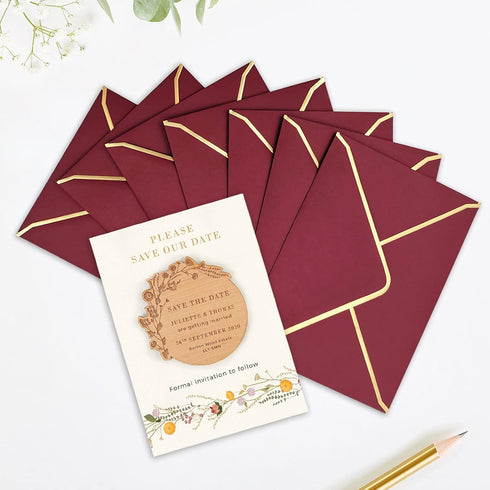 50 PCS Invitation Envelopes A7 Size, Burgundy Envelopes 5 x 7 Inch V-Flap Mailing Card Envelopes Quick Seal Envelopes with Gold Border for 5x7 Car...