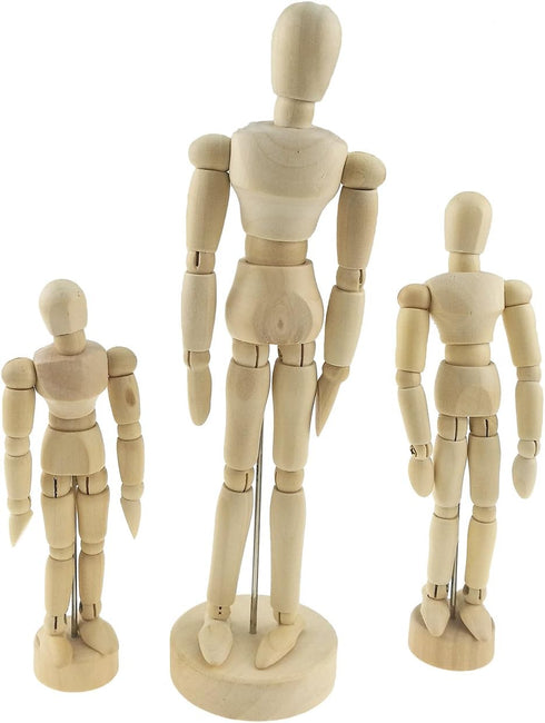 Set of 3 Wooden Pine Movable Joint Family Model for Art Mannequin Sketch Reference Home Decor(Daddy Mommy Child)...