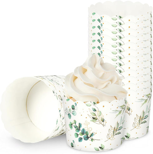 100Pcs Eucalyptus Leaf Paper Baking Cups Green Gold Foil Leaves Cupcake Wrappers Scalloped Edge Cupcake Muffin Cases for Wedding Birthday Party...