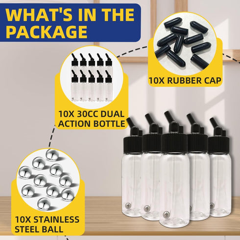 OPHIR Brand Box of 1.06-Ounce, 30ML Plastic Bottles Jars Lid Adapter Dual-Action Siphon Feed Accessories with 10x Rubber Caps, Works with Dual Act...