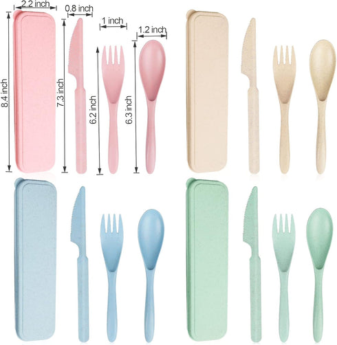 Reusable Travel Utensils Set with Case, 4 Sets Wheat Straw Portable Knife Fork Spoons Tableware, Eco-Friendly BPA Free Cutlery for Kids Adults Pic...