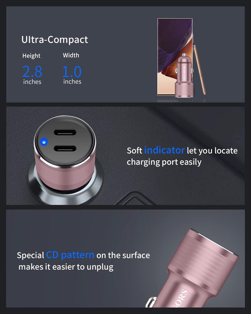 Dual USB C Car Charger, 60W PD (30W + 30W) Super Fast Charging Adapter Metal for iPhone 15 Pro Max, Samsung Galaxy S24 Ultra/S24 Plus/S24/S23/22+/...