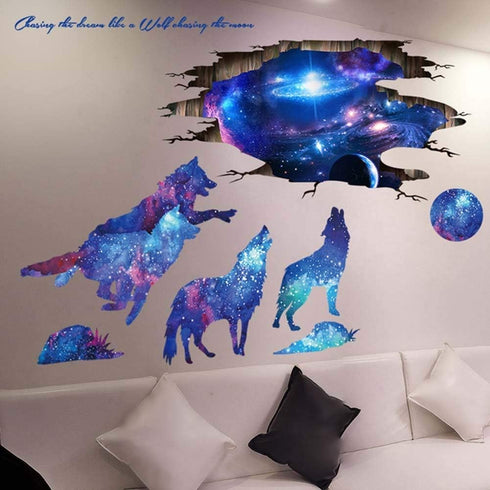 3D Blue Starry Sky Wolf Moon Wall Decals Removable PVC Magic 3D Milky Way Outer Space Planet Wall Sticker Peel Stick Home Decor for Kids Baby Bedr...