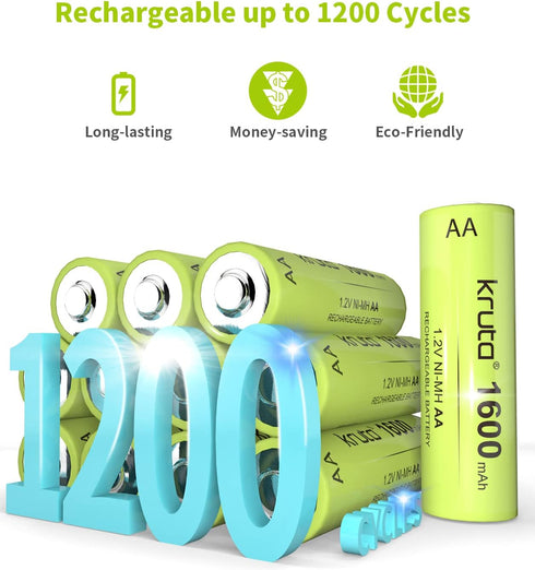 Kruta Ni-MH AA Rechargeable Batteries, Double A 1600mAh High Capacity 1.2V Pre-Charged for Garden Landscaping Outdoor Solar Lights, String Lights,...