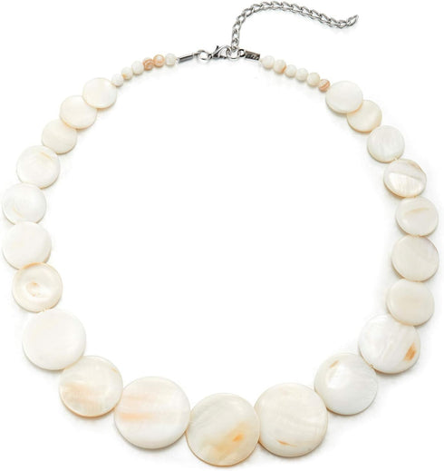 White Circle Disc Mother of Pearl Beads Chain Choker Collar Statement Necklace, Party Event, Unique...