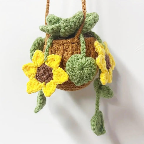 Car Hanging Ornament Cute Crochet Plant Rear view Mirror Pendant Decoration Handmade Knitted Mirror Hanging Car Interior Accessories Gardening Han...