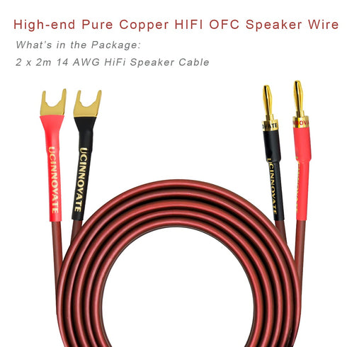 UCINNOVATE 2 Pack HiFi OFC Speaker Cable with Banana Plug to Jumper Spade, Banana Plug to U Fork Plug 14AWG Speaker Wire Cord Jumper Bridge Cable ...
