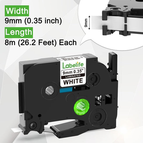 Labelife Replacement for Brother P Touch Label Tape 9mm TZe-221 TZe221 TZe TZ Tape 9mm 0.35 Laminated White Compatible with Brother PT-D210 PT-D22...