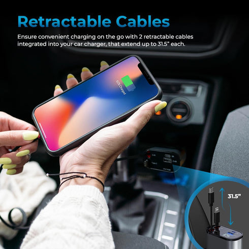 AutoSky 4 in 1 Retractable Car Charger with Fast Car Phone Charger - 100W Car Charger USB C & iPhone Cable, a USB-C, USB-A Ports - Works with Any ...