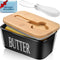 Black Ceramic Butter Dish with Lid - Large Countertop Butter Holder, Perfect for 2 Sticks, Includes Knife and Sponge Scrubber...