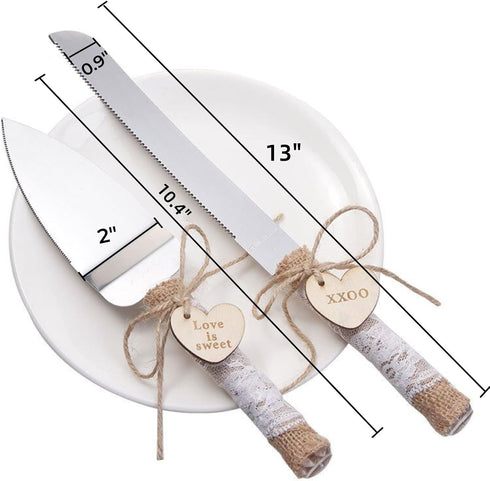 Wedding Cake Knife and Server Set Rustic Style Stainless Steel Cake Cutter Set with Twine Lace and Wood Tag Gifts for Bride and Groom Wedding Anni...