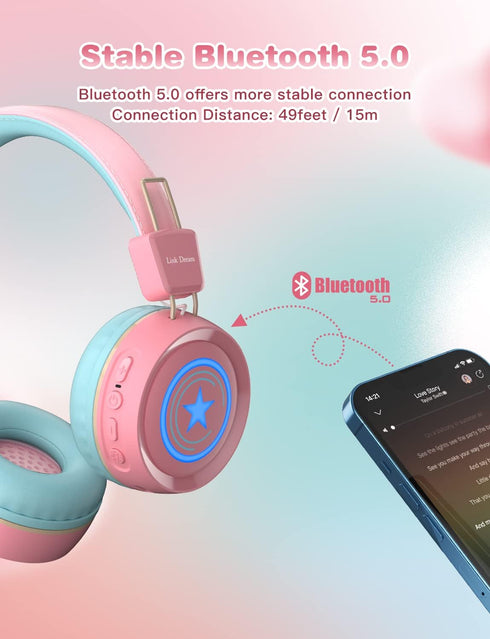 Link Dream Kids Bluetooth Headphones with Microphone for School On-Ear Headphone Toddler Children Wireless Headphone Headset with LED Lights Compa...