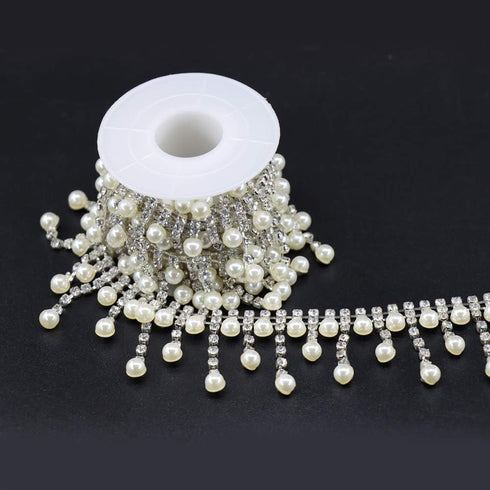 Jerler 1 Yard Crystal Rhinestone Trim Chain, Inlaid Pearl Beaded for DIY Decoration and Bridal Embellishments, Ideal for Wedding Party (Long Tasse...