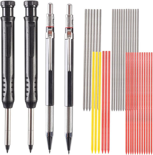 Mechanical Carpenter Pencils Set Including 2pcs 2.0mm Mechanical Pencils with 12pcs Refills, 2pcs 2.8 mm Deep Hole Woodworking Pencils with 12 Ref...