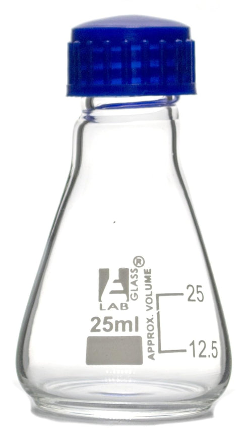 EISCO Erlenmeyer Flask, 25ml - Borosilicate Glass - with PTFE Screw Cap - Conical Shape - White Graduations...
