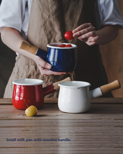 Enamel Milk Pot, Small Enamel Saucepan Milk Pot Butter Warmer 4 Inch 17 Oz Enamel Small Sauce Pan with Wooden Handle, Perfect Size for Heating Sma...