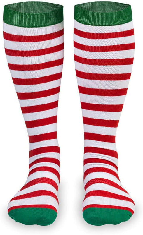 Gone For a Run Knee High Half Cushioned Athletic Running Sock | Running Christmas Elf (Red and White Stripes/Green) one size fits all...