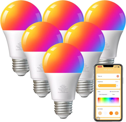 TJOY 6 Pack Smart Light Bulbs, Bluetooth WiFi Led Bulb Work with Alexa&Google Assistant, RGB Color Changing Bulbs, Music Sync, 9W(60W Equivalent),...