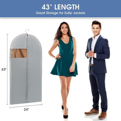 43" Garment Bags for Hanging Clothes, Suit Bags for Closet Storage and Travel, Grey Suit Cover Bags With Clear Window for Coats, Jackets, Shirts (...