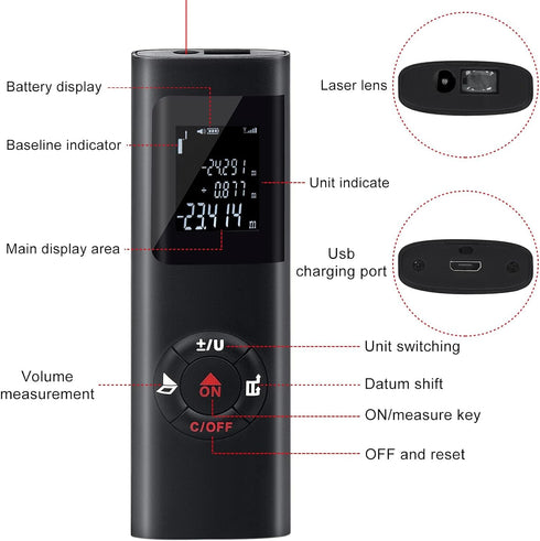 Laser Measurement Tool, 131ft/40M Portable Digital Laser Distance Meter,±1/16 inch High Accuracy, USB Rechargeable, Backlit Display, M/in/Ft Unit ...