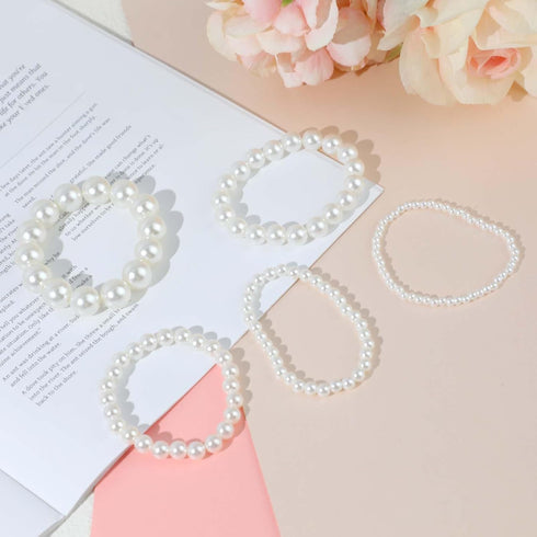 5 Pcs White Pearl Bracelets for Women, White Stretch Bridesmaid Pearl Bracelets Bridal Wedding Elastic Bracelets Stackable Faux Pearl Bracelets fo...
