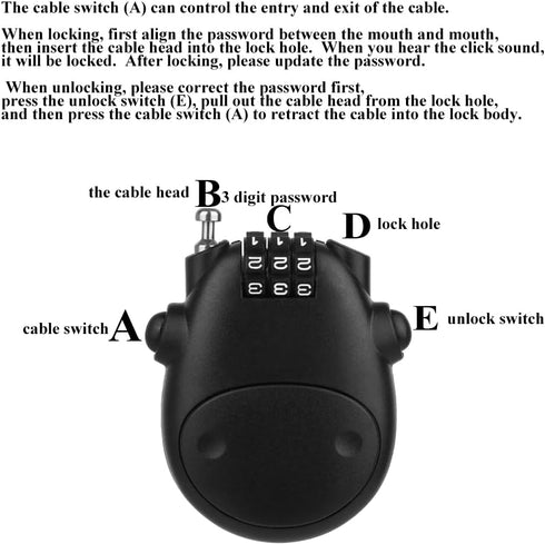 Combination Lock, Black, Suitcase, Helmet, Bike, Luggage, Doors, Briefcase, Purse, Accessories, Retractable Steel Cable, 75cm...