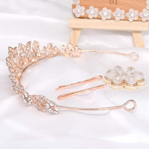 Bridal Rhinestone Crystal Tiara Crown for Women Flower Girls Wedding Prom Birthday Pegeant Veil Tiaras Headband, Rose Gold...