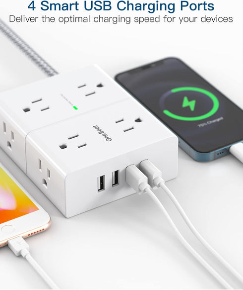 Extension Cord 6 Ft, Surge Protector Power Strip - 8 Widely Outlets 4 USB Ports 10 Ft Long Cord, Flat Plug, Wall Mount, 3-Side Outlet Extender Ove...