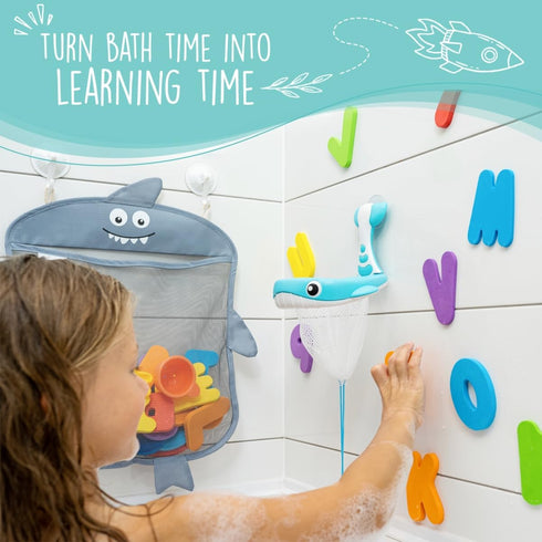 Comfylife 2 x Mesh Bath Toy Organizer + 6 Ultra Strong Hooks + 36 Bath Letters & Numbers – Eco-Safe, Fun, Educational Foam Letters and Perfect Toy...